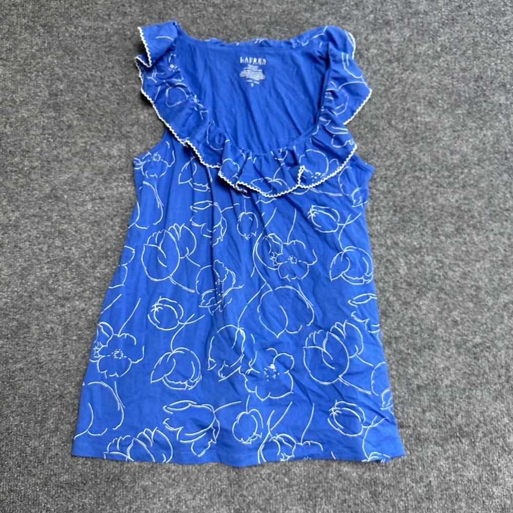 Lauren Ralph Lauren Tank Top Womens S Blue Floral Ruffle Neck Cotton Sleeveless